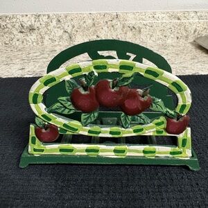 Vtg Hand Painted Cast Iron 6"  Napkin Holder Green Gingham Red Apples Pre-owned